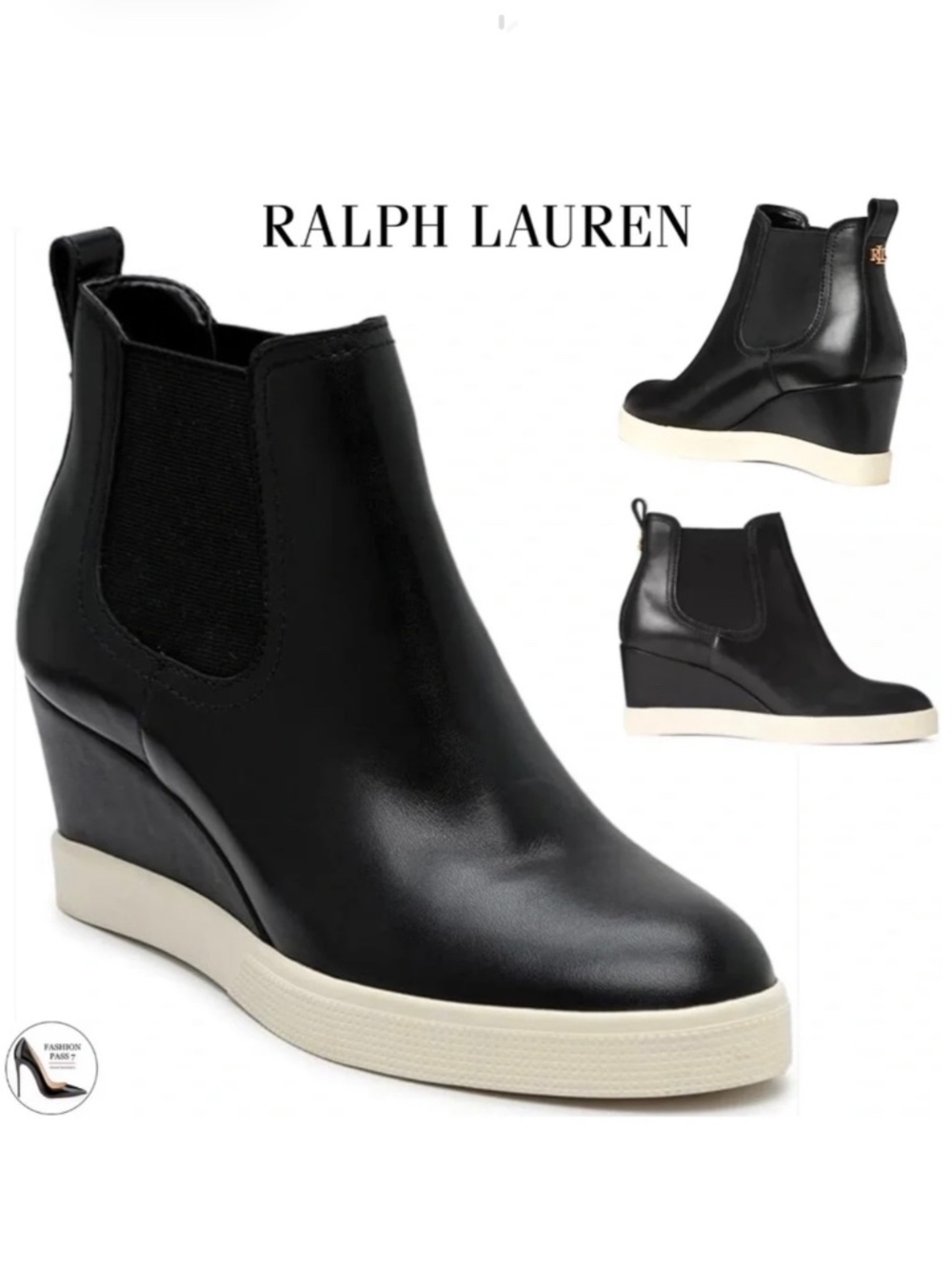 Ralph Lauren Reade Black Leather Chelsea Wedge Sneaker Booties Fall Winter Boots